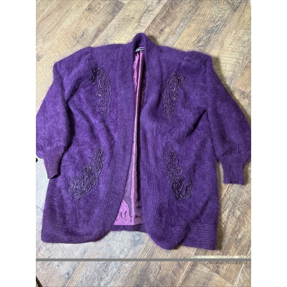 Vintage Lee Sands Angora Rabbit Hair Cardigan Sweater One Size Plus Embroidered